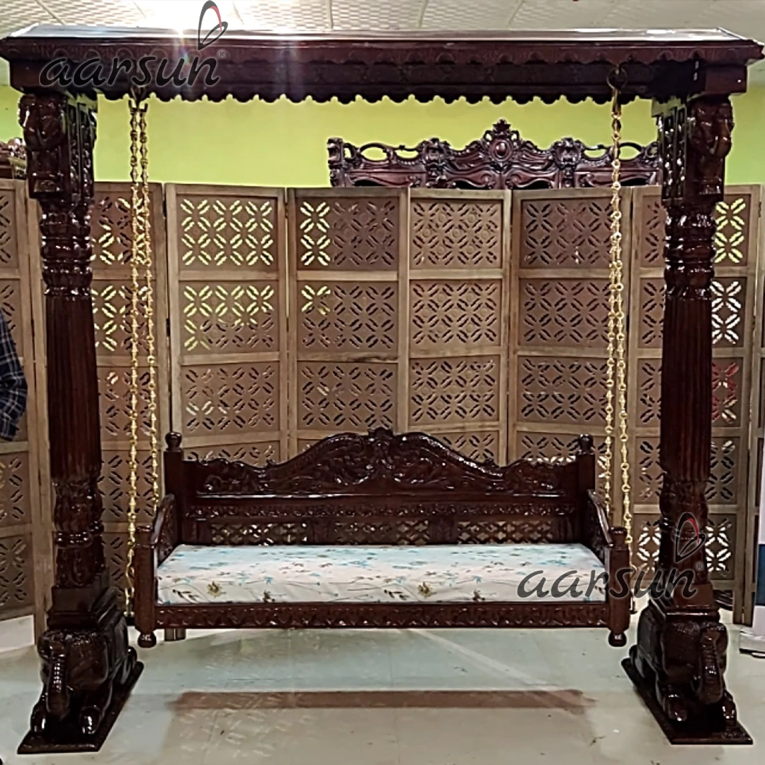 Beautiful Handcrafted Teak Wood Swing with Brass Chain view 3