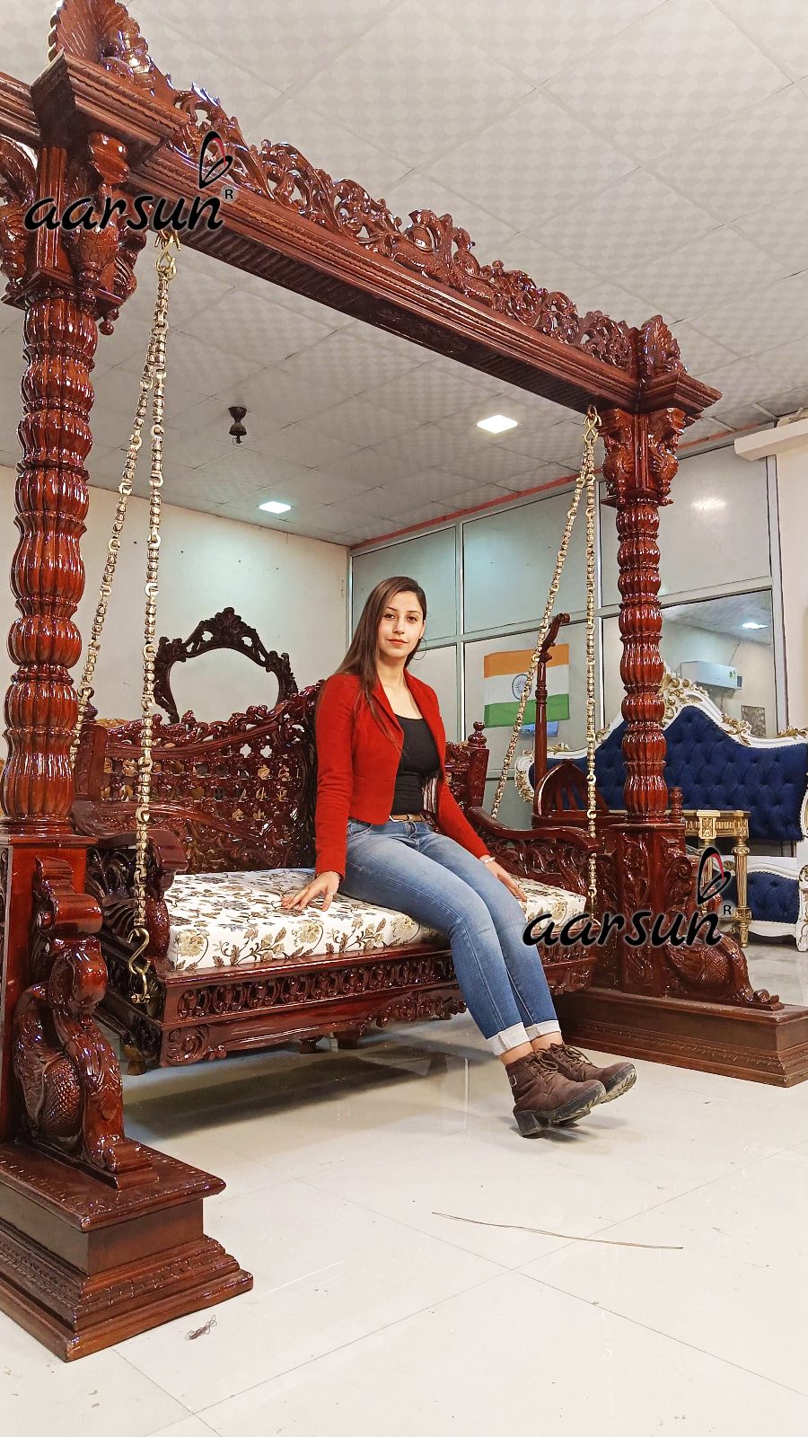 Carved Wooden Swing with Brass Chain view 3