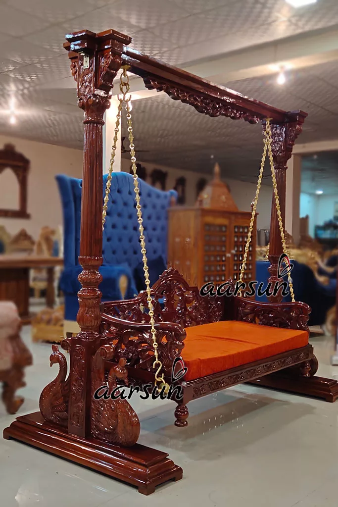 Handcrafted Rust Fabric Swing in Teak Wood view 4
