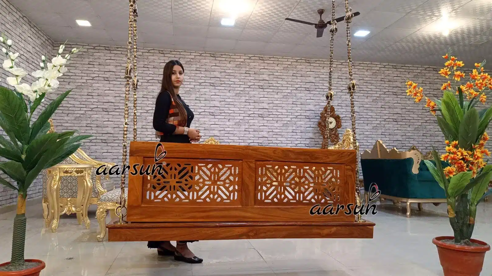 Modern Wooden Swing Seat Both Sides sitting view 3