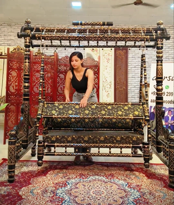 Royal Black & Gold Wooden Sankheda Jhula view 4