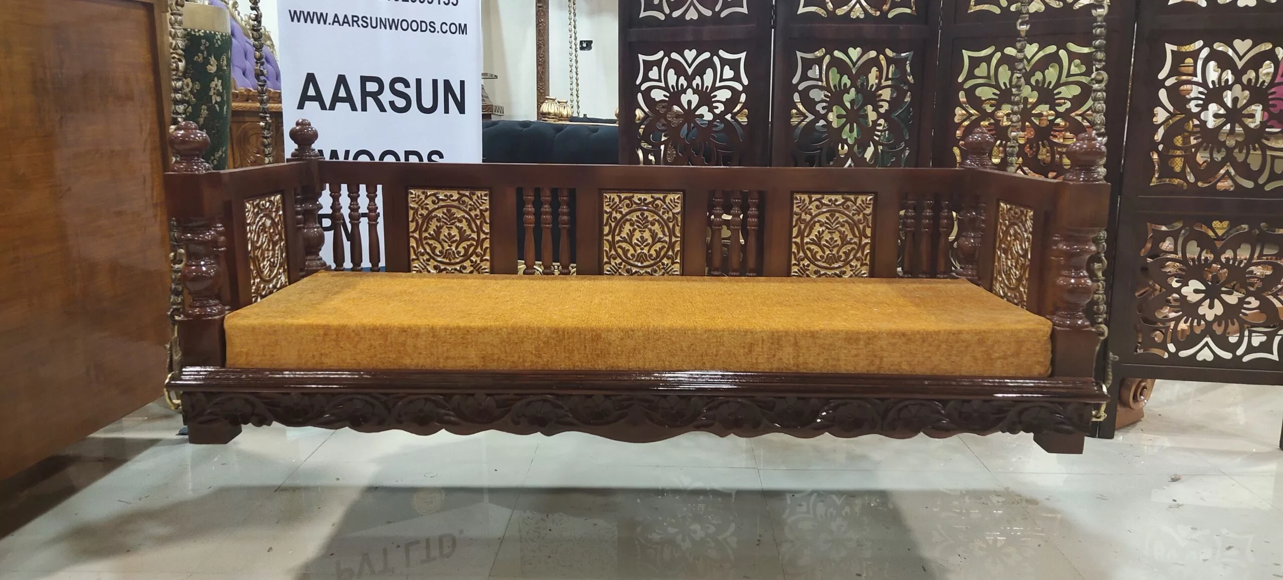 Teak Wood Swing Seat design with Gold Highlight view 4